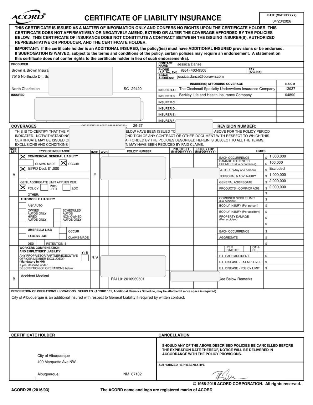 Redacted certificate of liability insurance for Monkey Mania Party Rentals